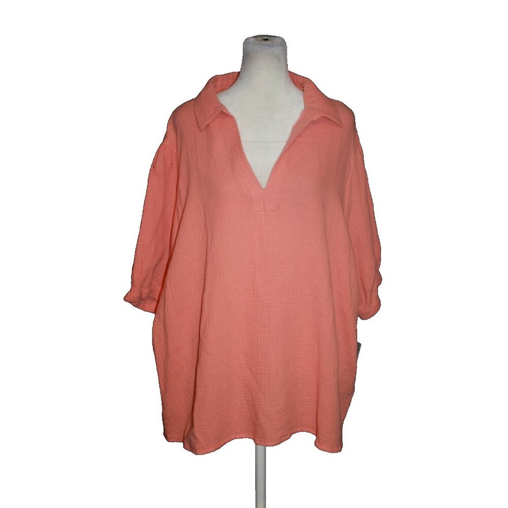 Falls Creek Blouse Double Cloth Popover Top V-Neck Melon Women's Size 2X NEW